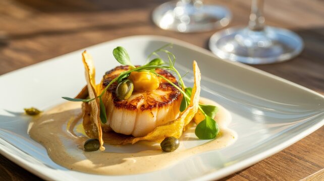A perfectly seared scallop served elegantly on a white square ceramic plate