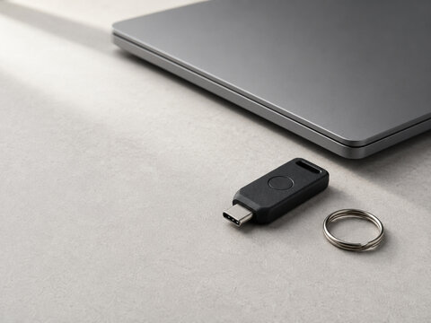 Passwordless authentication security key on modern office desk