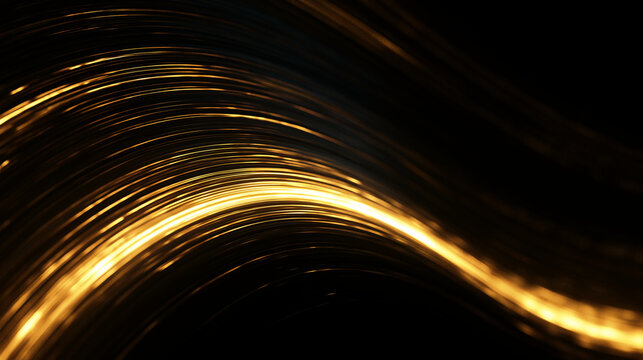 Streaming Golden light streaks flowing a dark background, Golden glittering particle light trail swirl futuristic glow effect