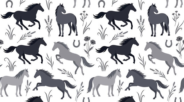 Dynamic horses galloping and standing in a seamless pattern.