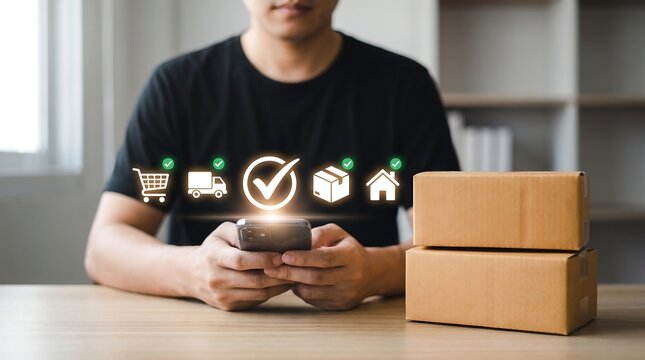 Man using smartphone to track online order delivery status with digital interface showing logistics icons and checkmarks over cardboard boxes on wooden desk in modern office environment