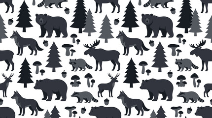 Naklejka premium Seamless pattern of forest animals and trees in a monochrome style.