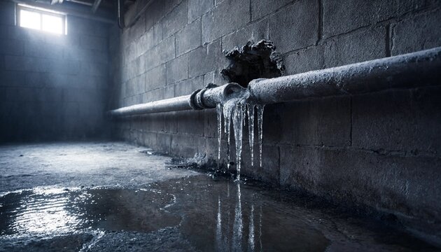 Broken industrial metal pipe with icicles leaking water inside dark basement