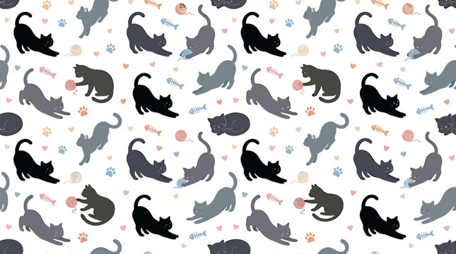Playful Feline Silhouettes - A Charming Pattern of Stretching and Pouncing Cats.