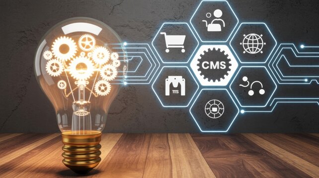 A glowing light bulb with internal gears connected to digital CMS icons