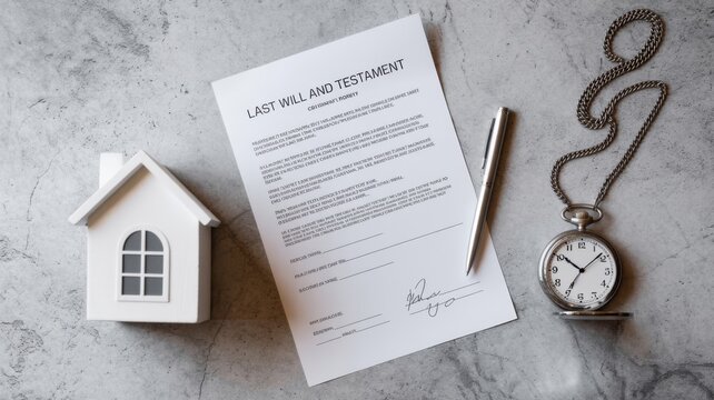 A Last Will and Testament Document With A Model House And Watch