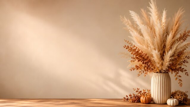 Boho pampas grass in ceramic vase, dried floral arrangement on wooden table, autumn interior background with copy space and soft sunlight