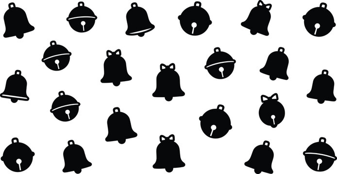 Seamless pattern with black silhouette bells isolated on transparent background, top view.