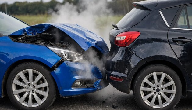 Two cars involved in a serious road traffic accident collision with smoke billowing from the damaged blue vehicle engine