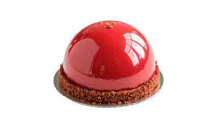 Fototapeta premium Round red decorated glazed chocolate mousse cake isolated on transparent background for bakery confectionery menu