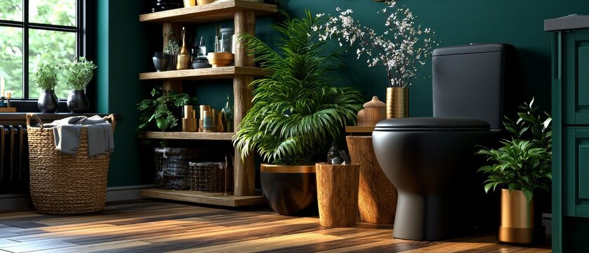 A modern bathroom featuring a sleek black toilet, lush green plants, and wooden shelving against a deep teal background.