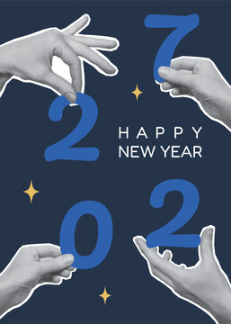Happy New Year 2027 greeting card in pop art collage style. Human hands holding blue numbers on dark blue background