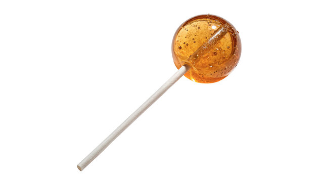 Sweet round orange sphere lollipop candy on stick isolated on transparent background for confectionery dessert