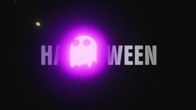Mysterious purple neon ghost mascot glows brightly over a dark Halloween title sequence layout for spooky event openers and party motion backgrounds