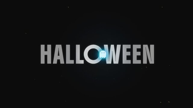 Cute spectral ghost icon glows soft cyan blue over clean Halloween typography in a minimal dark motion title background for seasonal event teasers