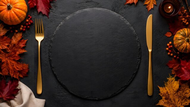 Autumn table setting with black slate plate and gold cutlery, Thanksgiving dinner background with pumpkins and fall leaves, festive seasonal food mockup