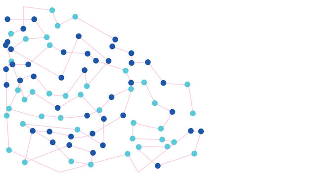 Abstract Network Connection Vector Graphic with Blue Cyan Dots and Thin Pink Lines on White Background