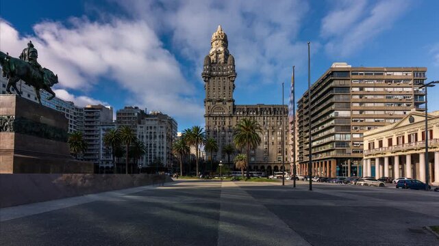 Timelapse clip from Plaza Indenpencia in Montevideo, Uruguay with the famous Salvo Palace and the Statue and Mausoleum of General Jose Artigas