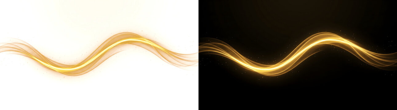 Smooth golden ribbon of glowing light waves gliding across black background perfect for elegant design work in PNG, Transparent and Black Background Versions