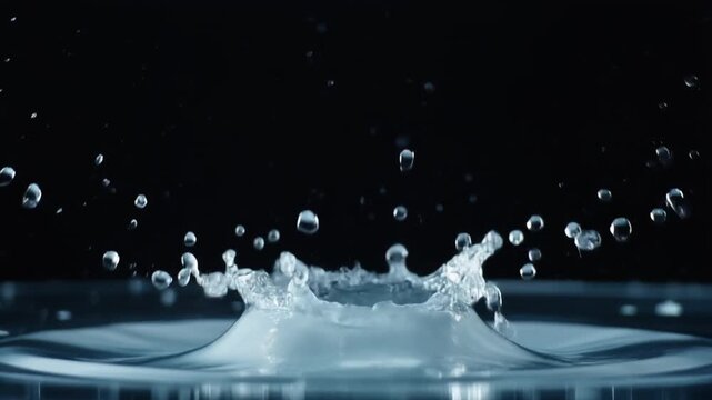 黒背景で水滴が水面に落ちてできるスーパースローモーションの王冠のしぶき