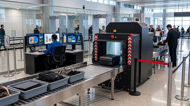 State-of-the-art airport security checkpoint features a sleek matte black x-ray baggage scanning machine with a polished steel roller belt.