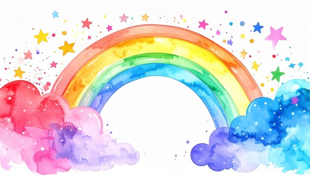 Bunter Aquarell Regenbogen Hintergrund mit Wolken und Sternen f&uuml;r Einschulung, Schuleinf&uuml;hrung, Schulanfang, Kindergeburtstag und Gl&uuml;ckwunschkarte
