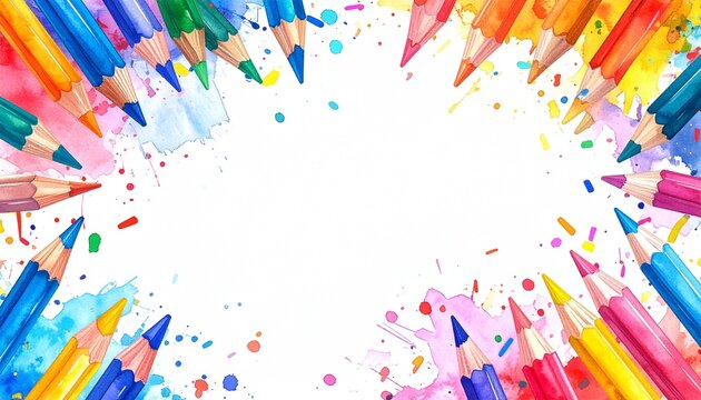 Bunter Aquarell Hintergrund mit farbigen Buntstiften f&uuml;r Einschulung, Schuleinf&uuml;hrung, Schulanfang, Gl&uuml;ckwunschkarte und Banner