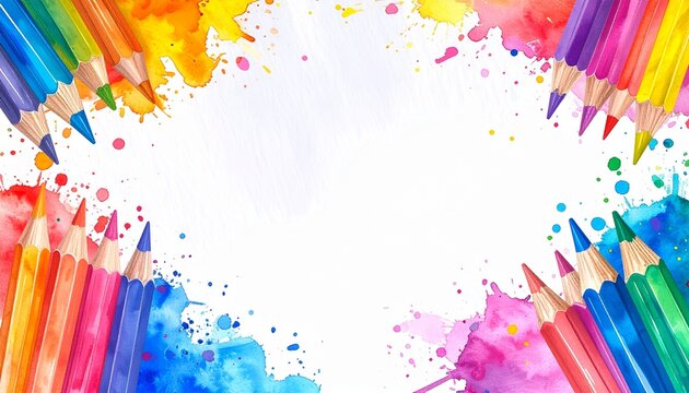 Bunter Aquarell Hintergrund mit Buntstift Rahmen f&uuml;r Einschulung, Schuleinf&uuml;hrung, Schulanfang, Gl&uuml;ckwunschkarte, Banner und Einladung