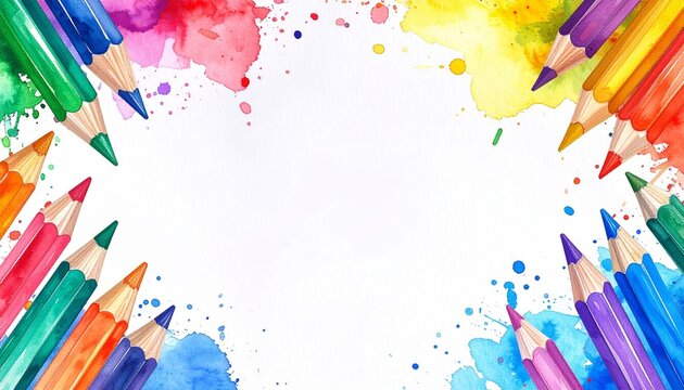 Bunter Aquarell Hintergrund mit Buntstift Rahmen f&uuml;r Einschulung, Schuleinf&uuml;hrung, Schulanfang, Gl&uuml;ckwunschkarte, Banner und Einladung