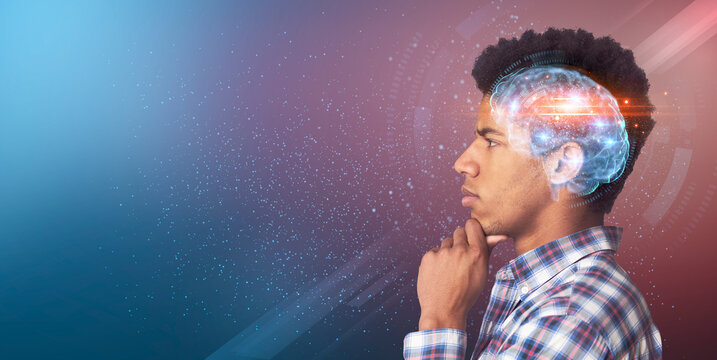 Searching for idea. Serious black guy with illuminated brain looking at copy space over open space background, panorama
