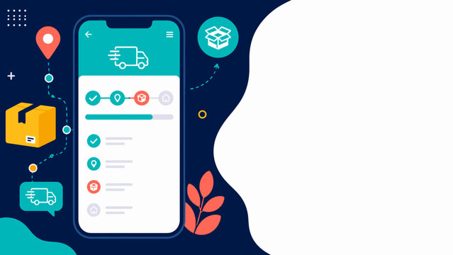 Delivery app shows tracking status and packages. Green interface suggests efficient logistics services. Cartoon icons hint at delivery, location, and delivery status