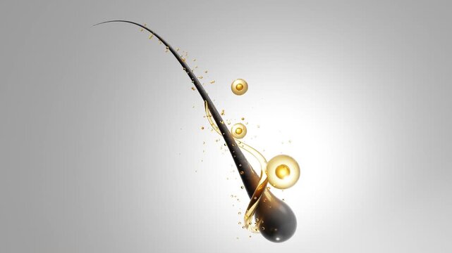 Hair strand with root surrounded by liquid gold serum stream and molecules. 3D Render