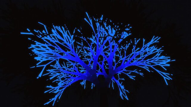Electric blue light illuminates a full tree canopy of delicate branches in a cinematic 3D render loop ideal for data network visuals