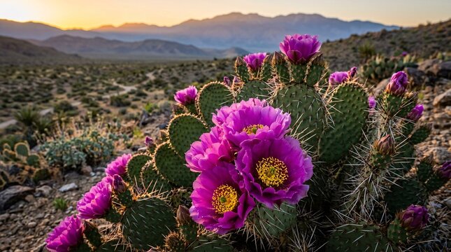 Vibrant desert botanical scene displays beavertail cacti blooming with deep purple flowers under golden sunrise light over hazy mountains.