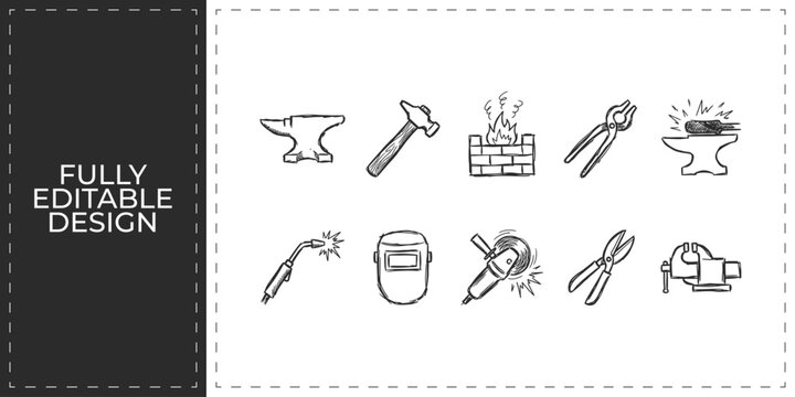 Industrial metalworking and blacksmith workshop hand drawn icons set featuring anvil and hammer for traditional craft and hardware manufacturing design graphics set