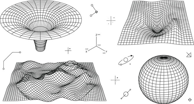 Abstract 3D wireframe mesh grid shapes black hole wormhole landscape terrain sphere data science vector illustration collection