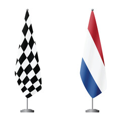 Obraz premium Checkered and Netherlands flags on flagpoles for official ceremonies and meetings, transparent background vector
