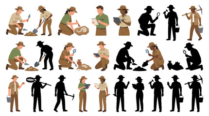 Set of vector collection featuring different male and female archaeologists, excavating ancient artifacts, brushing fossils, documenting excavation sites, using shovels and trowels © mehdik