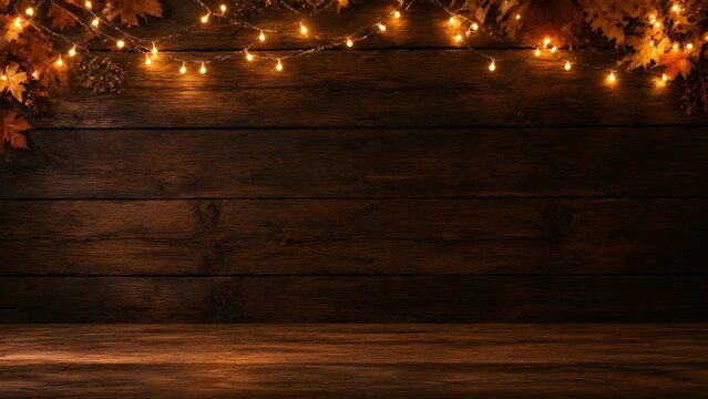 Rustic wooden background with warm fairy lights and autumn leaves, dark wood texture with glowing string lights, cozy seasonal backdrop for fall