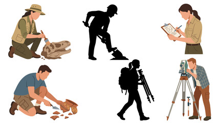 Professional vector collection featuring different male and female archaeologists, excavating ancient artifacts, brushing fossils, documenting excavation sites, using shovels and trowels © mehdik