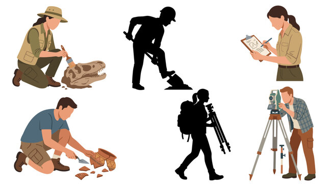 Professional vector collection featuring different male and female archaeologists, excavating ancient artifacts, brushing fossils, documenting excavation sites, using shovels and trowels