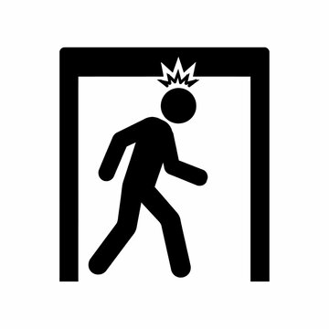 Person Bumping Head on Low Doorway Frame Warning Icon, Simple Black Flat Vector Watch Your Head Safety Pictogram Isolated on White Background