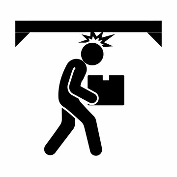 Person Carrying Box and Bumping Head on Low Overhead Beam, Simple Black Flat Vector Workplace Safety Warning Icon Isolated on White Background