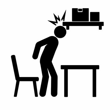 Person Standing Up and Bumping Head on Low Shelf, Simple Black Flat Vector Office Safety Warning Icon Isolated on White Background