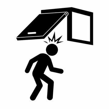 Person Bumping Head on Open Overhead Cabinet Door, Simple Black Flat Vector Household Safety Warning Icon Isolated on White Background