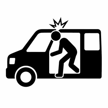 Person Bumping Head While Entering or Exiting Vehicle, Simple Black Flat Vector Car Door Safety Warning Pictogram Isolated on White Background