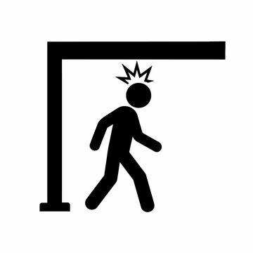 Person Walking Beneath Low Overhang and Bumping Head, Simple Black Flat Vector Clearance Hazard Warning Icon Isolated on White Background