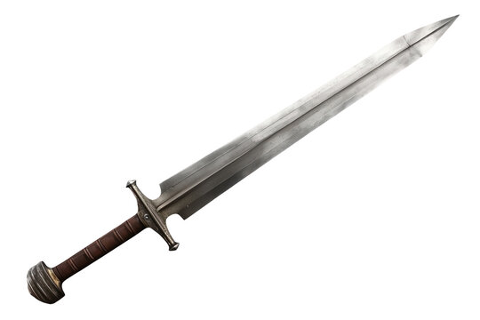 Broad medieval sword with dark leather handle