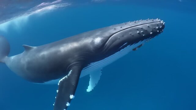 Majestic Humpback Whale Swimming in Deep Blue Ocean Water