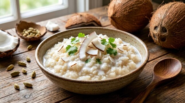 Homemade Tanzanian Wali wa Nazi coconut rice in a ceramic bowl with fresh coconuts and cardamom pods.